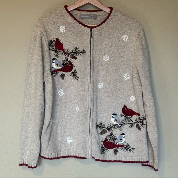 Vintage Croft & Barrow Silk Blend Bird Detail Holiday Zip Front Sweater Size XL - Picture 2 of 10